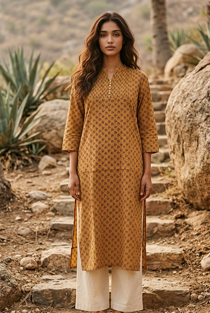 Mustard Yellow Floral Block Print Kurti