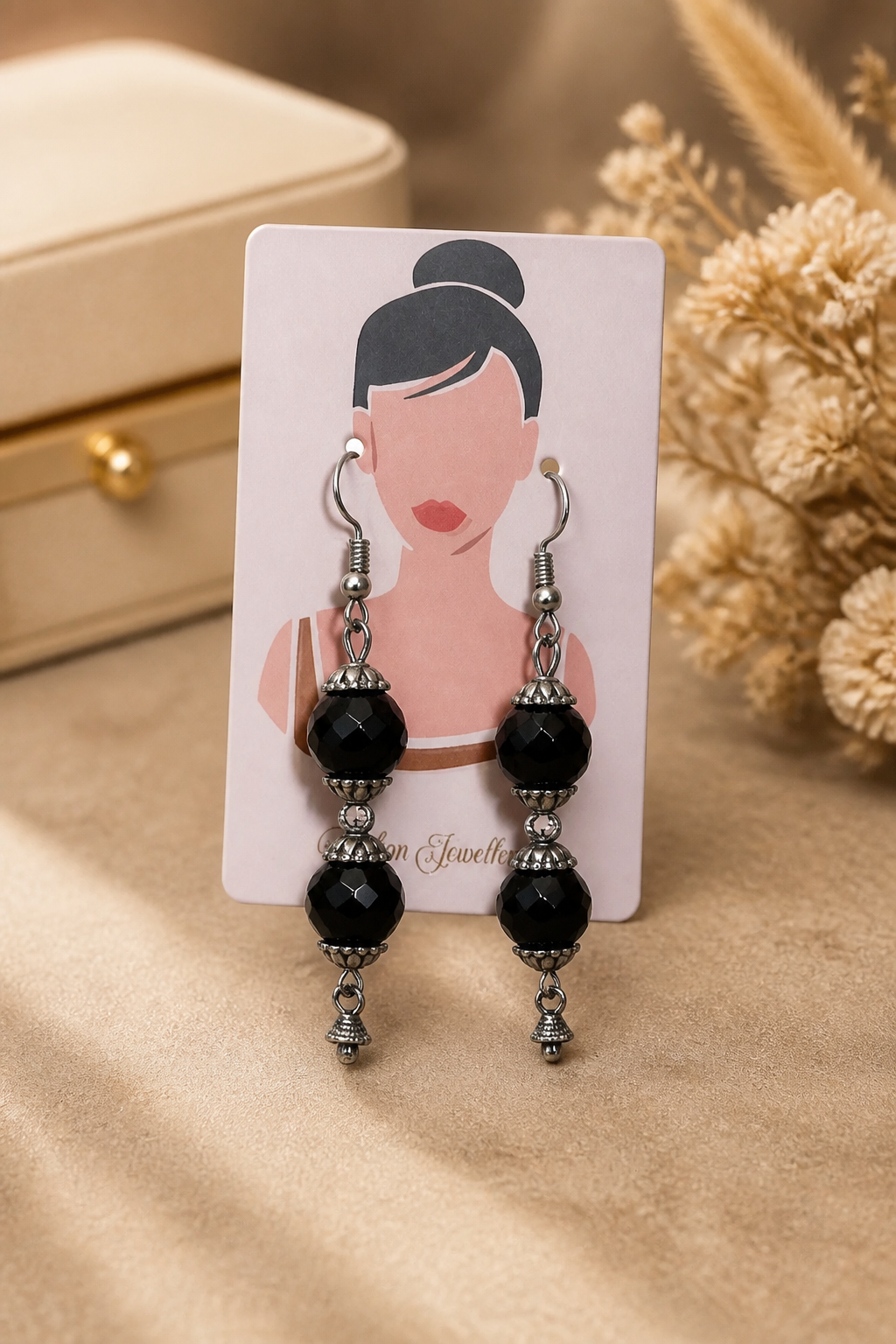 Black Onyx Double Bead Silver Drop Earrings