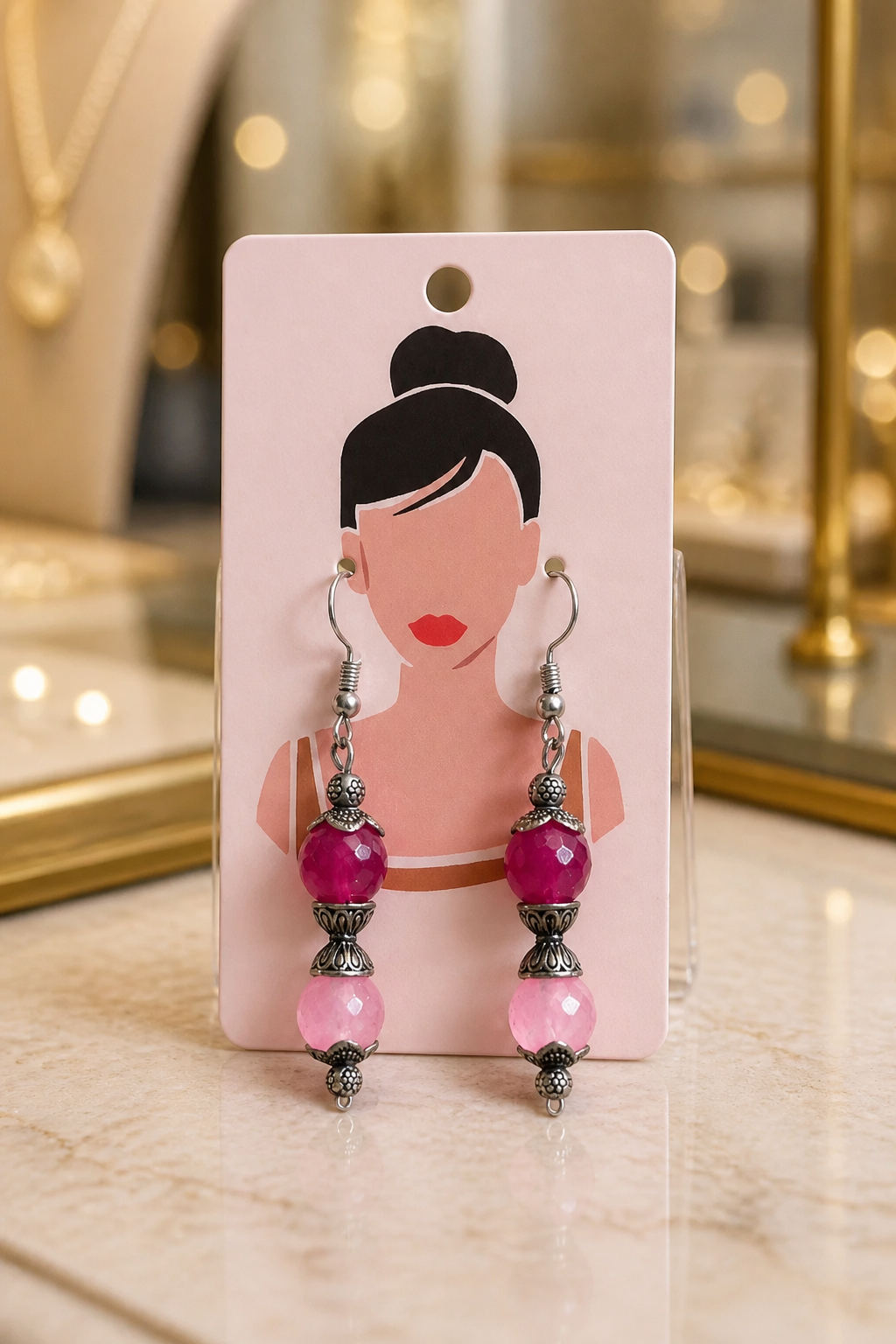 Dual-Tone Pink Gemstone Drop Earrings