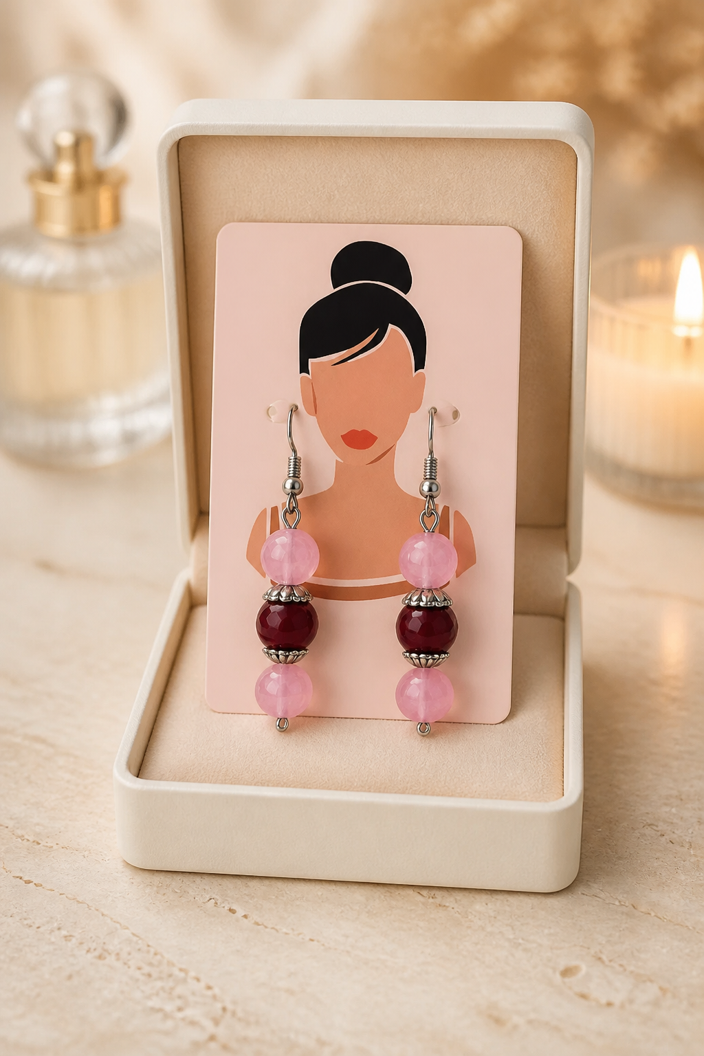 Pink & Maroon Agate Dangle Earrings