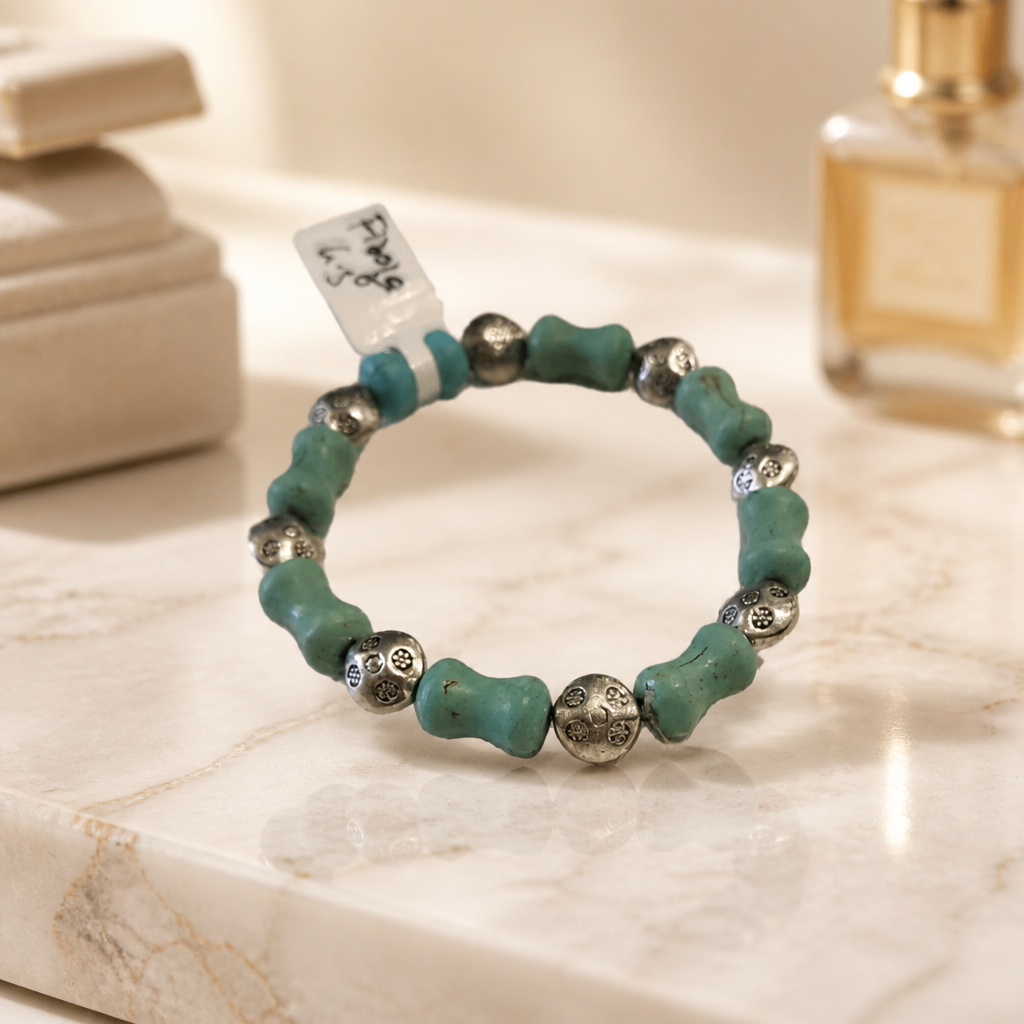 Rustic Firoza Nugget & Silver Bead Stretch Bracelet