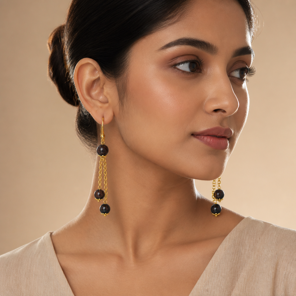 Boho Tree Agate Double Bead Gold Chain Earrings