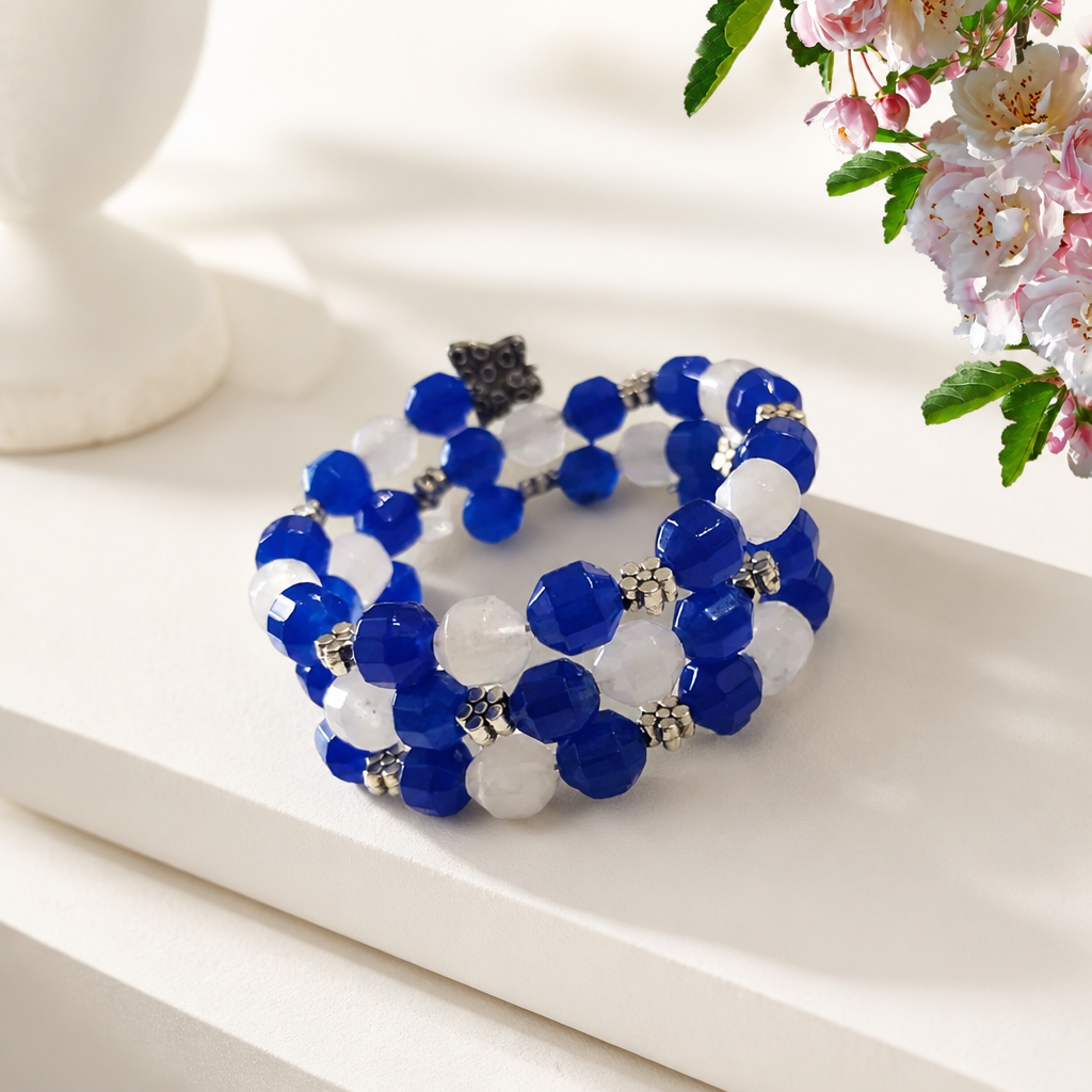 Blue & White Faceted Bead Memory Wire Bracelet