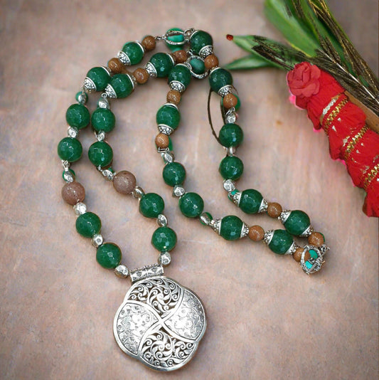 Long Natural 3 in 1 Gemstone (Jade Quartz, Agate & Sandstone) Necklace with Pendant