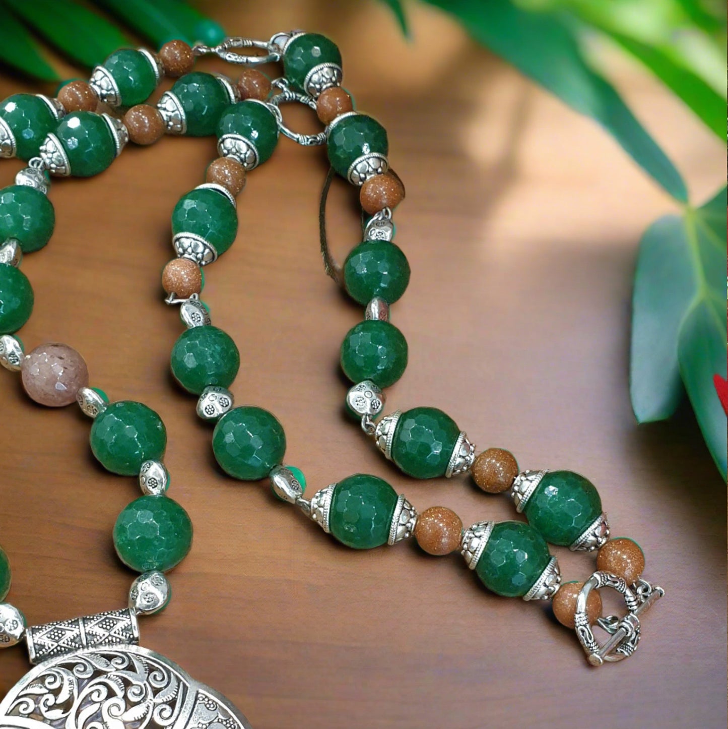 Long Natural 3 in 1 Gemstone (Jade Quartz, Agate & Sandstone) Necklace with Pendant