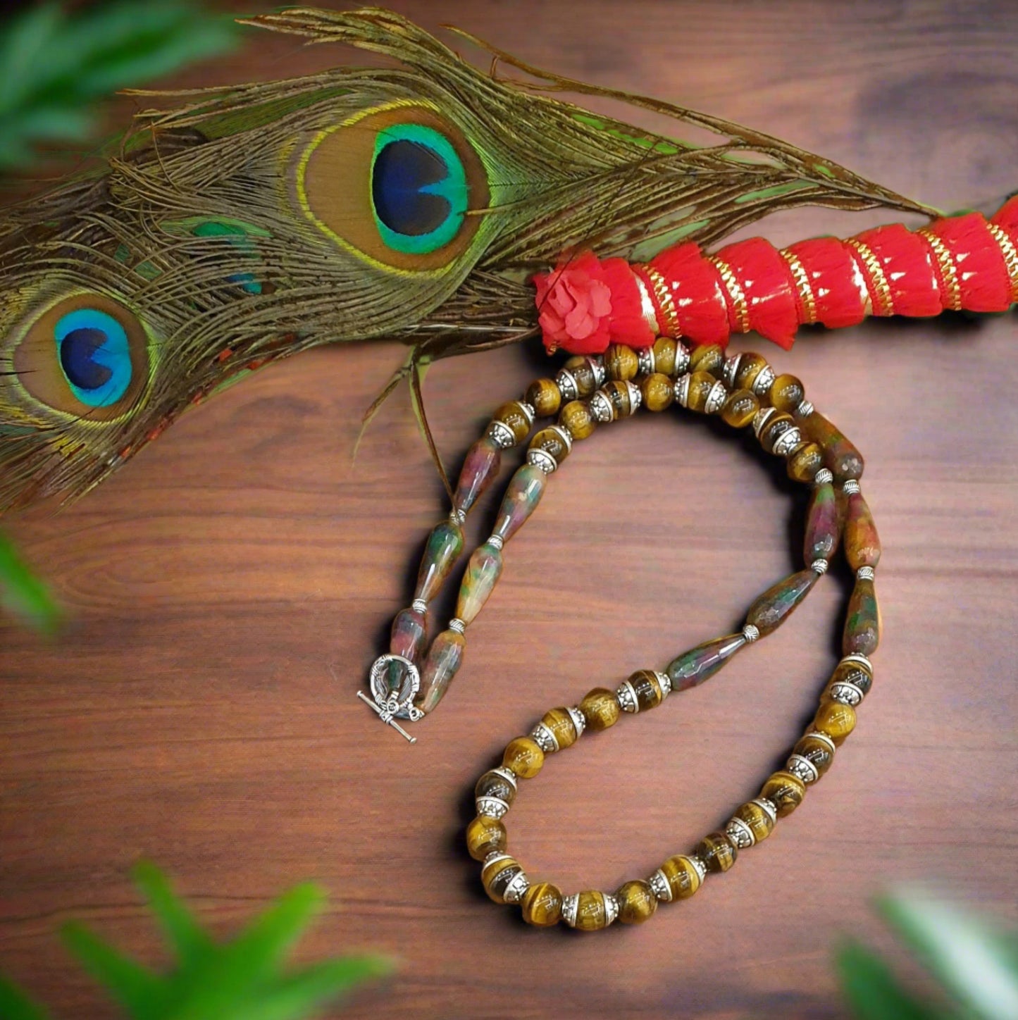 Long Natural Tiger Eye and Onyx Gemstone Necklace with Bead Caps