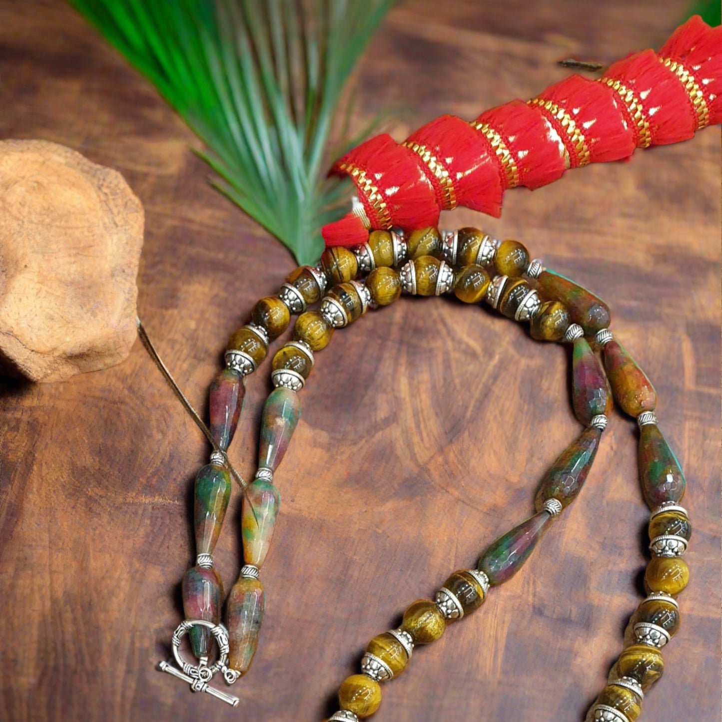 Long Natural Tiger Eye and Onyx Gemstone Necklace with Bead Caps