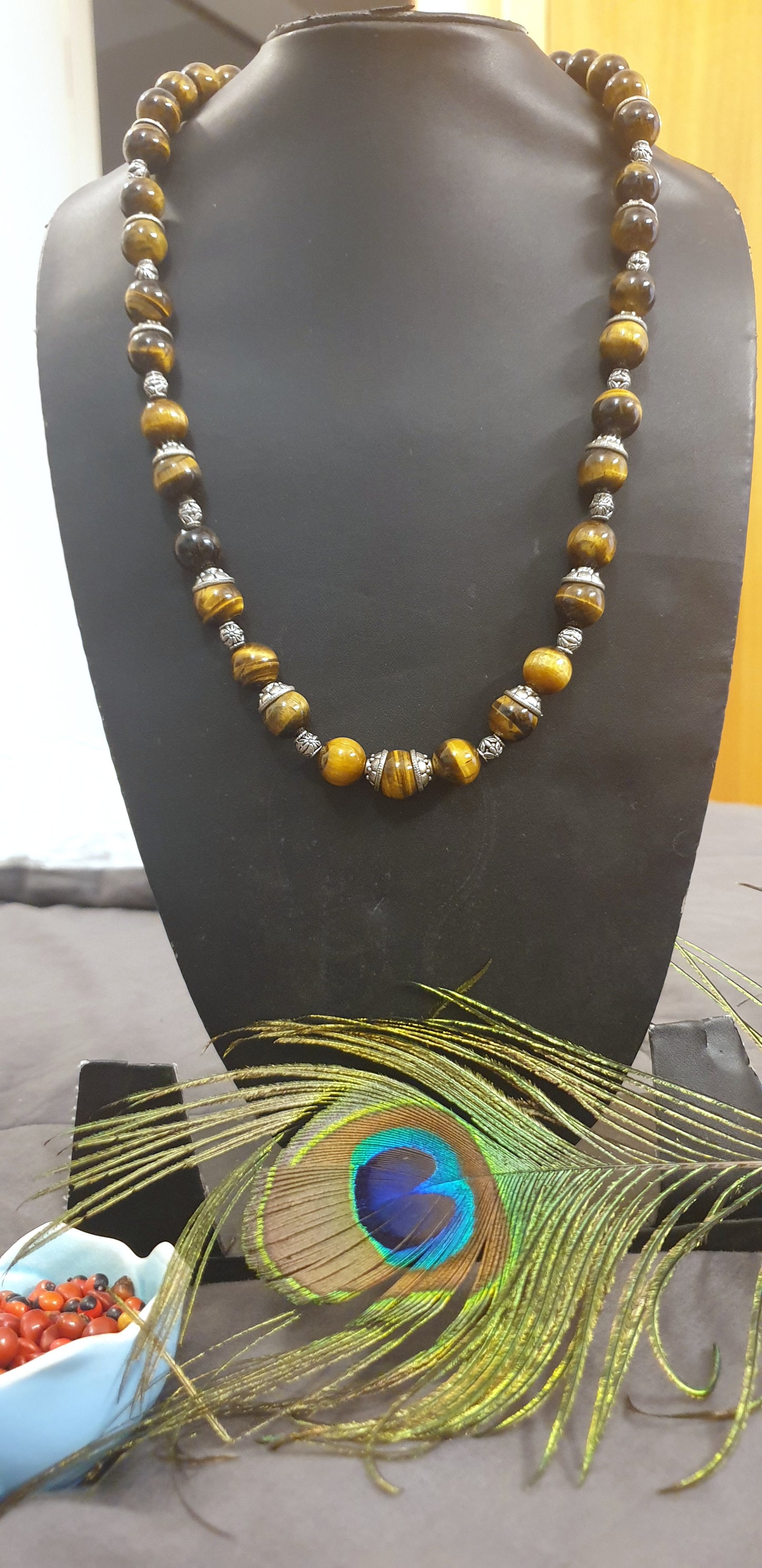 Natural Tiger Eye Gemstone Necklace with Bead Caps