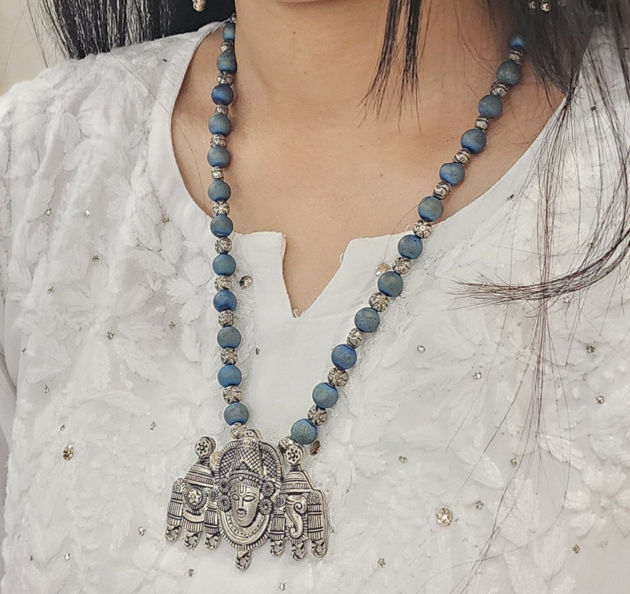 Druzy Agate Necklace with Krishna Pendant