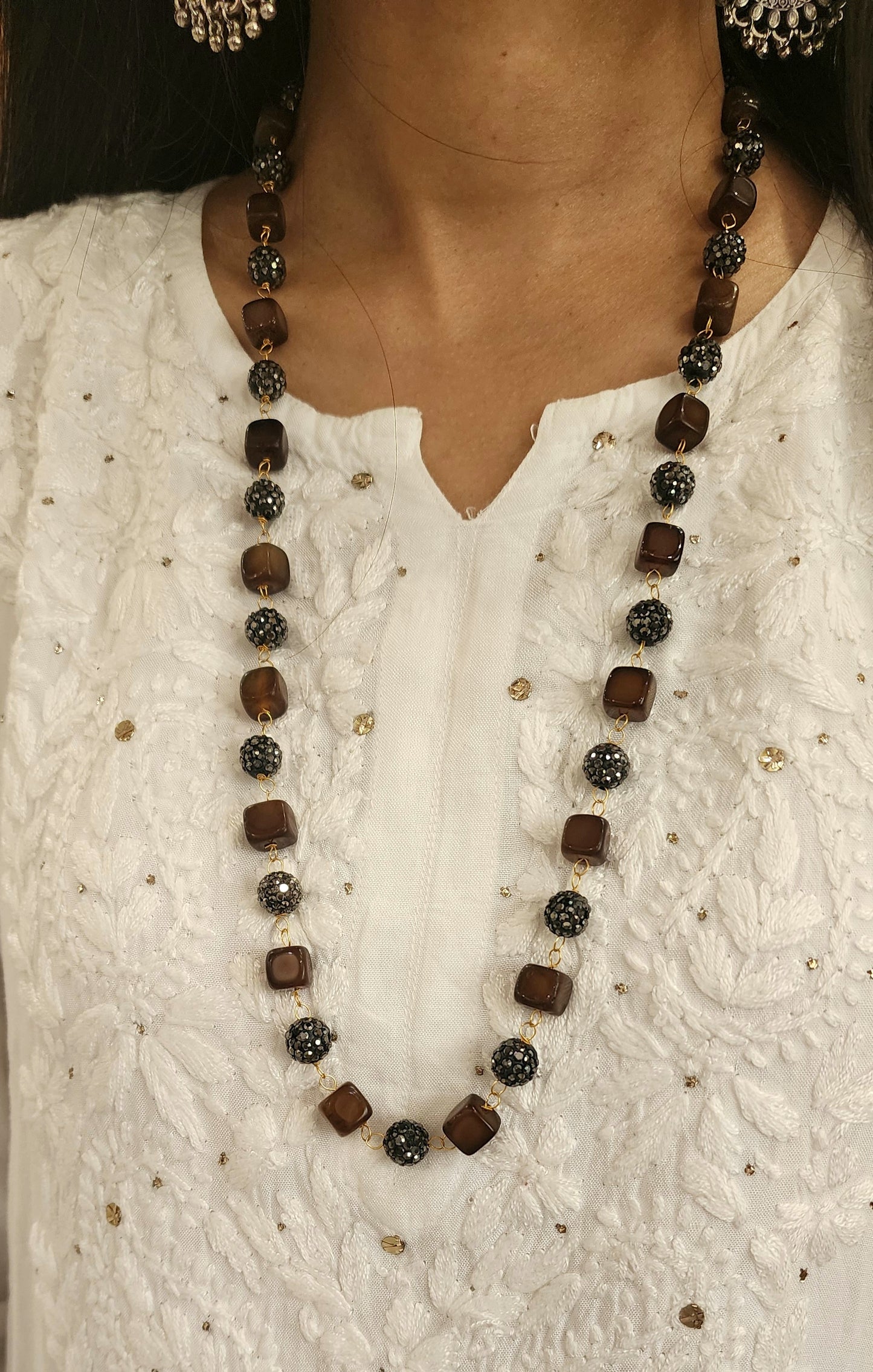 Natural Agate Gemstone Connecting Necklace with Rhinestone Sugar Beads