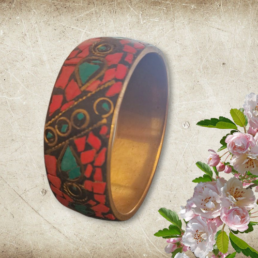 Boho Mosaic Bangle with Red & Turquoise Inlay