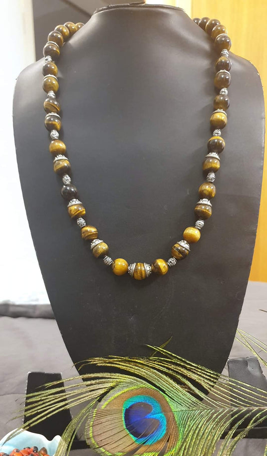Natural Tiger Eye Gemstone Necklace with Bead Caps
