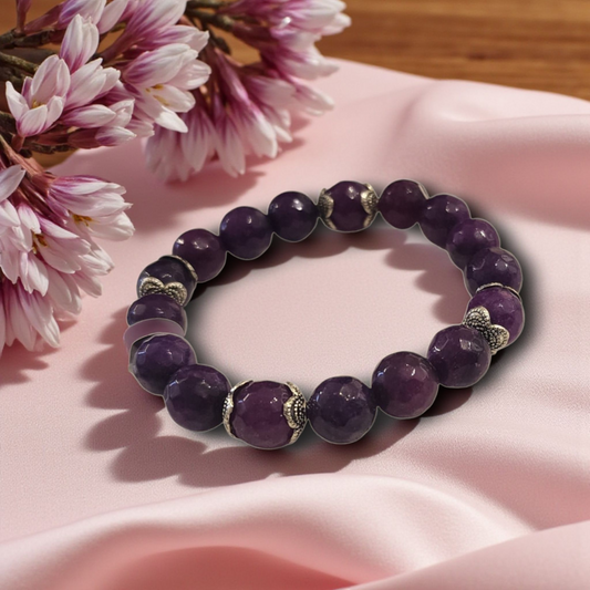 Purple Agate Stretch Bracelet with Elegant Silver Accents