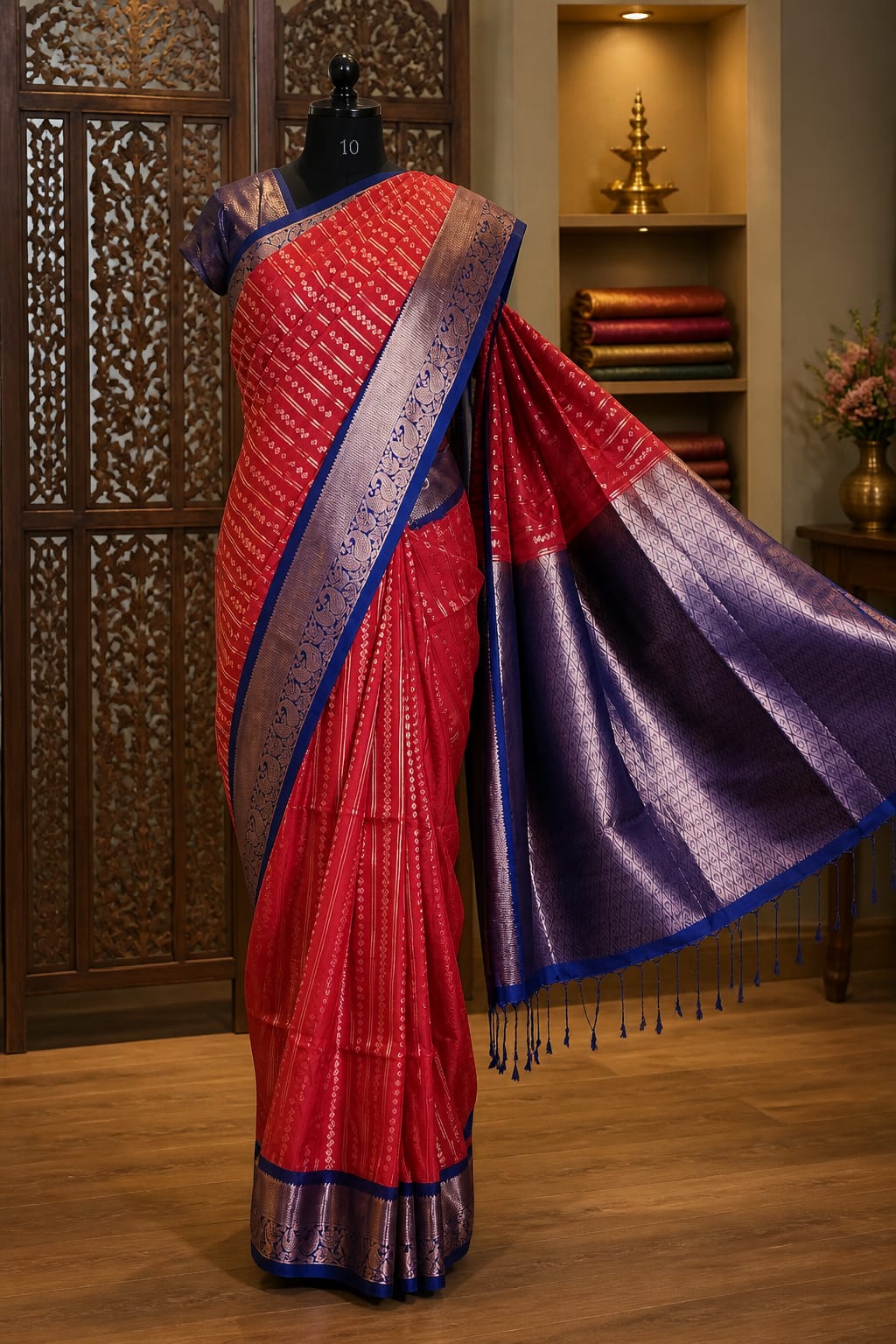 Traditional Red Silk Saree with Navy Brocade Pallu