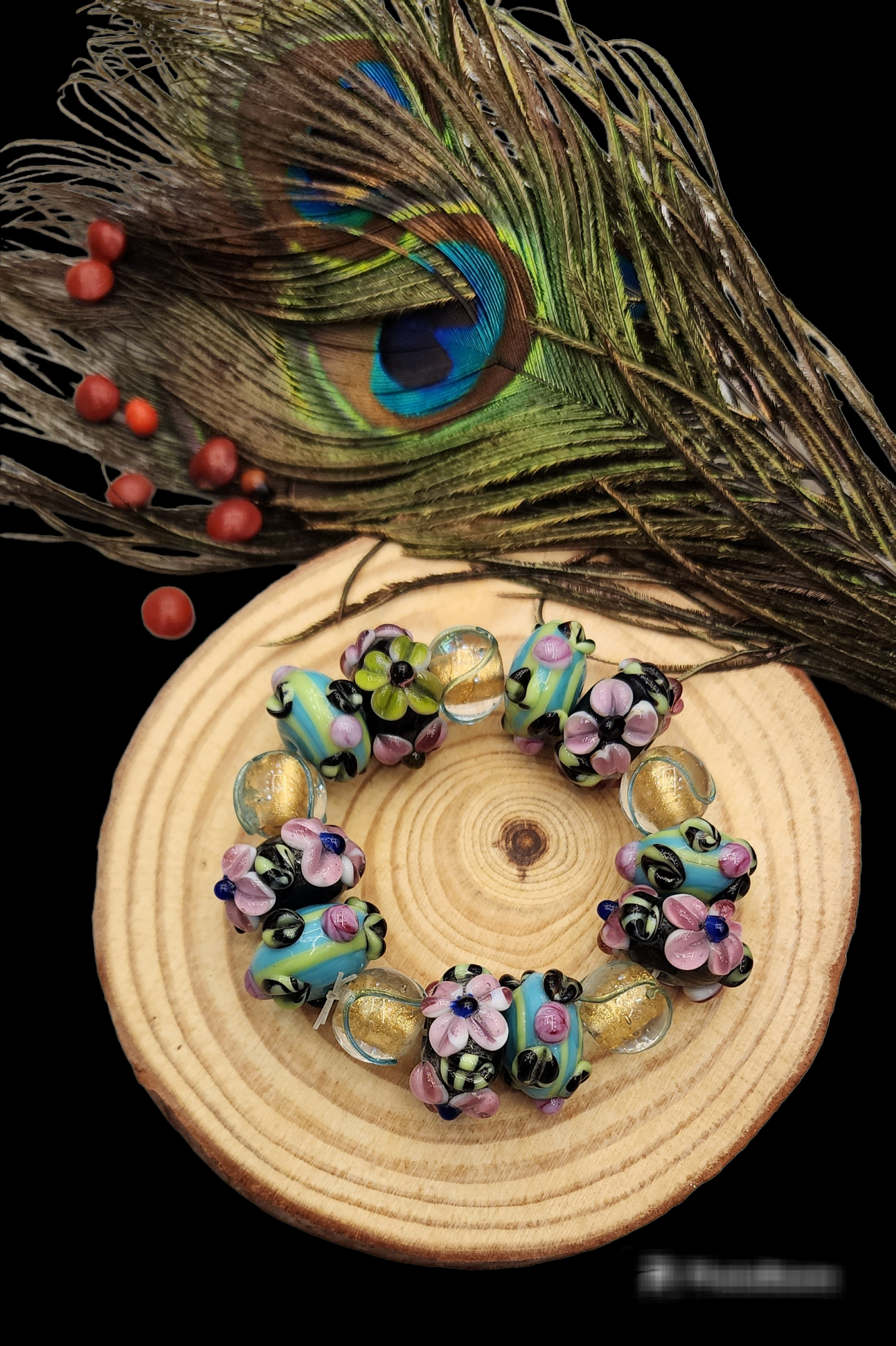 Lamp Work Designer Bead Stretch Bracelet: Floral Design in Mint Green