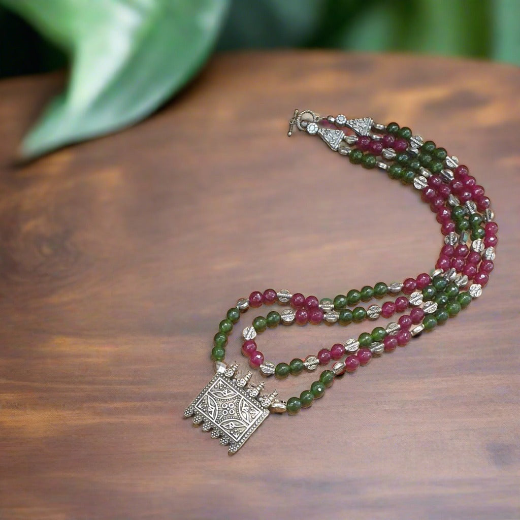 Double Layer Natural Agate Gemstone Necklace with Pendant