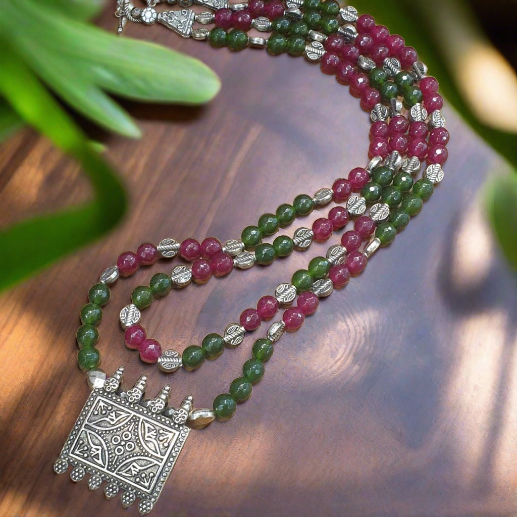 Double Layer Natural Agate Gemstone Necklace with Pendant