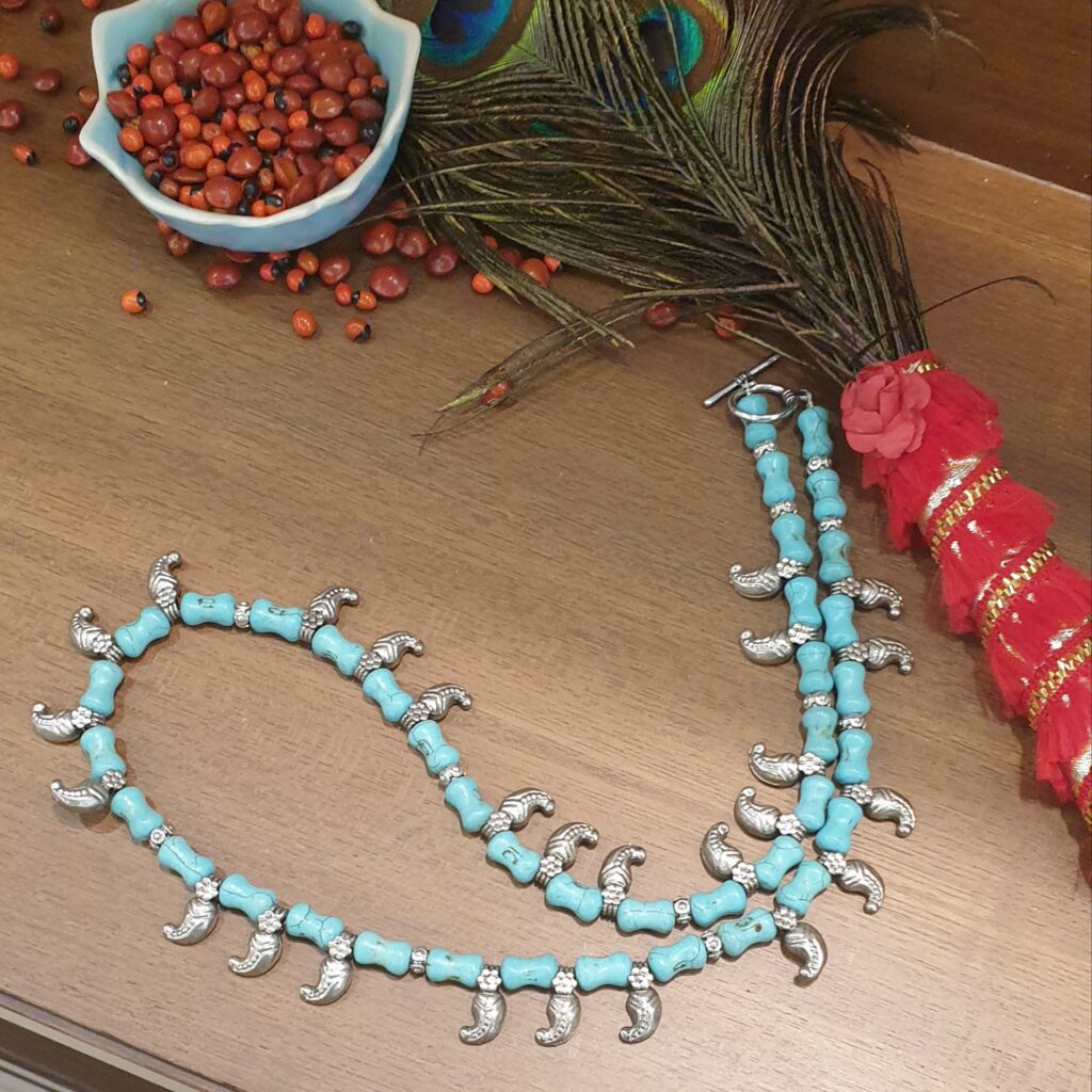 Natural Turquoise (Firoza)Gemstone Necklace with Kolhapuri Charms