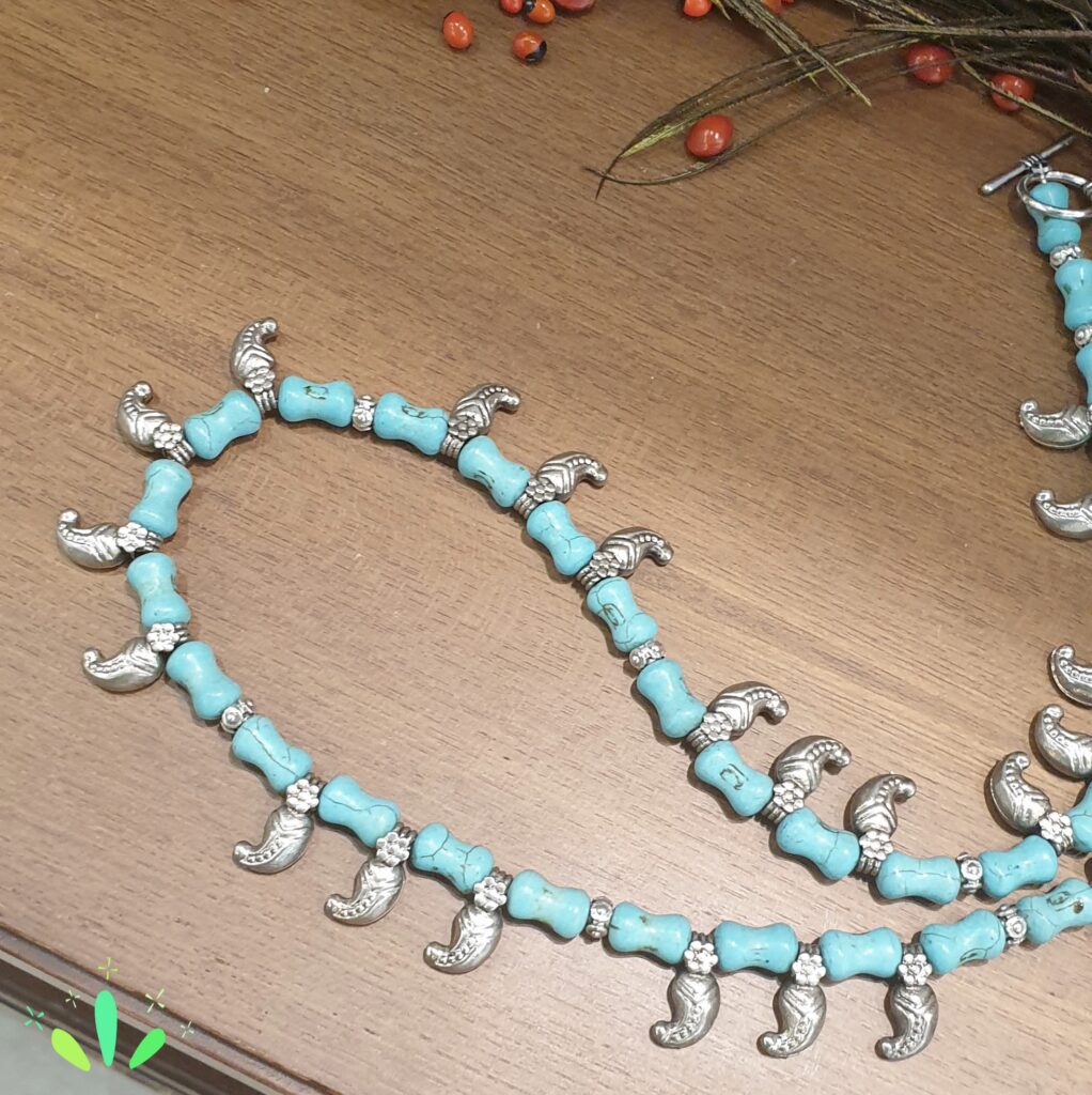 Natural Turquoise (Firoza)Gemstone Necklace with Kolhapuri Charms