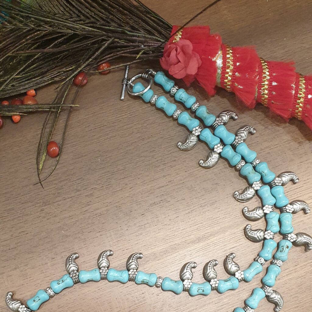 Natural Turquoise (Firoza)Gemstone Necklace with Kolhapuri Charms