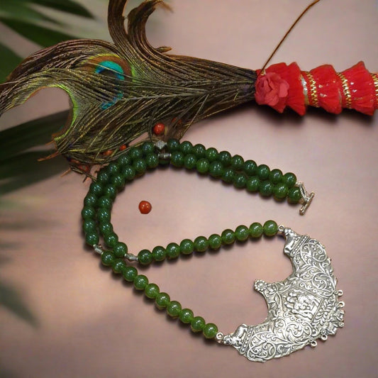 Long Natural Jade Gemstone Necklace with Large Pendant