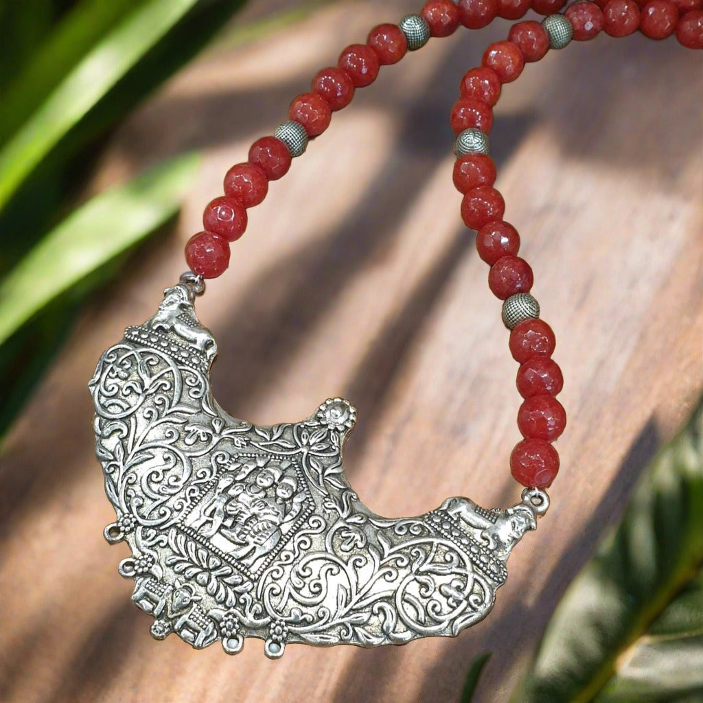 Long Natural Agate Gemstone Necklace with Large Pendant