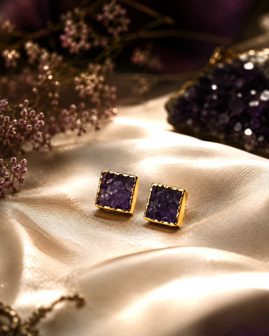 Raw Amethyst Square Stud Earrings