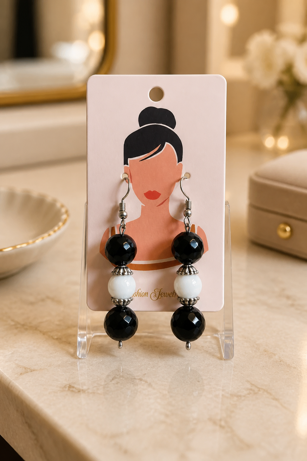 Black Onyx White Agate Beaded Dangle Earrings