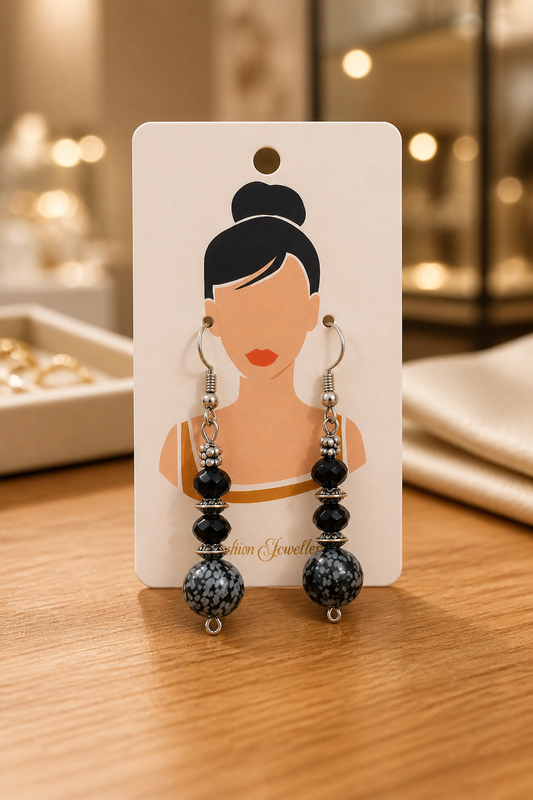 Snowflake Obsidian & Black Crystal Bead Drop Earrings