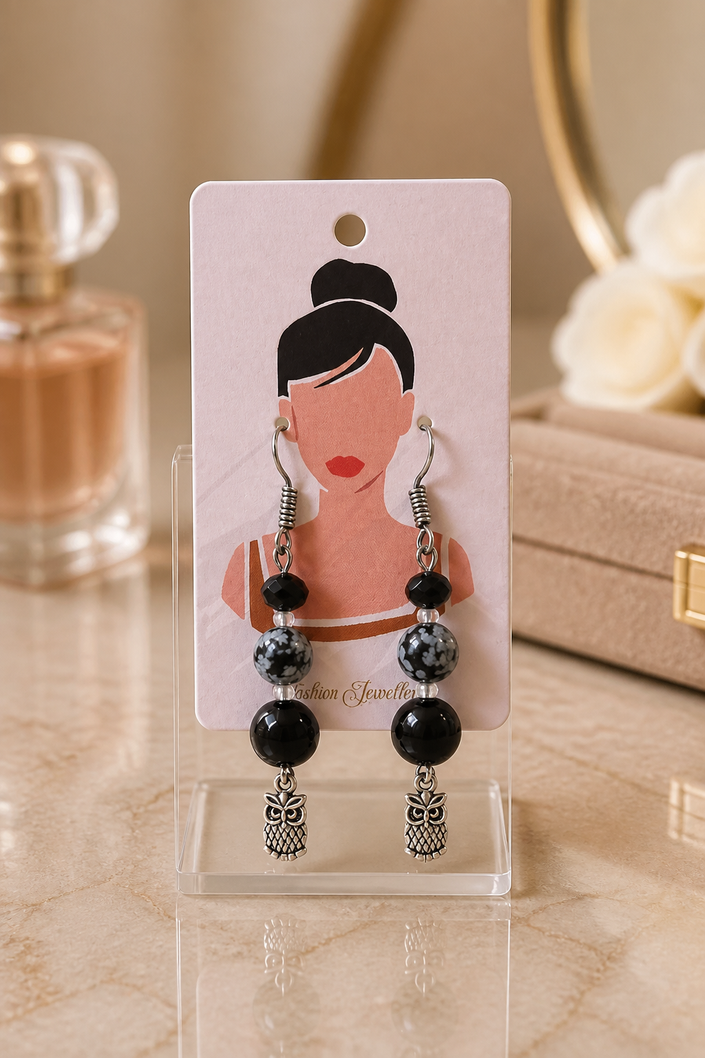 Black Onyx & Snowflake Obsidian Bead Earrings