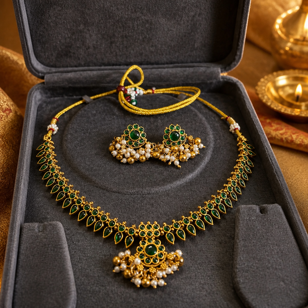 Traditional Green Stone Choker Necklace Set