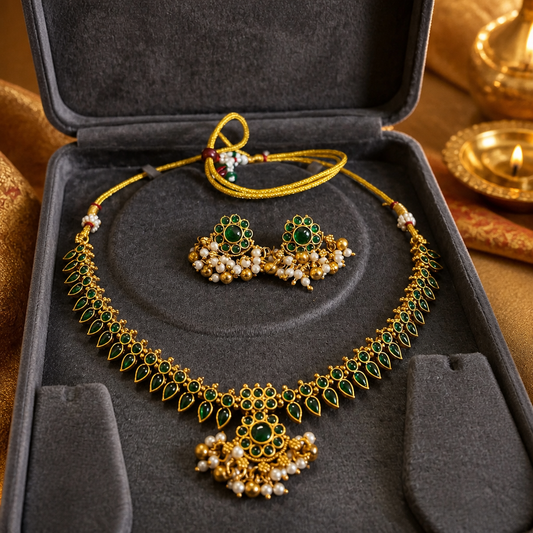 Traditional Green Stone Choker Necklace Set