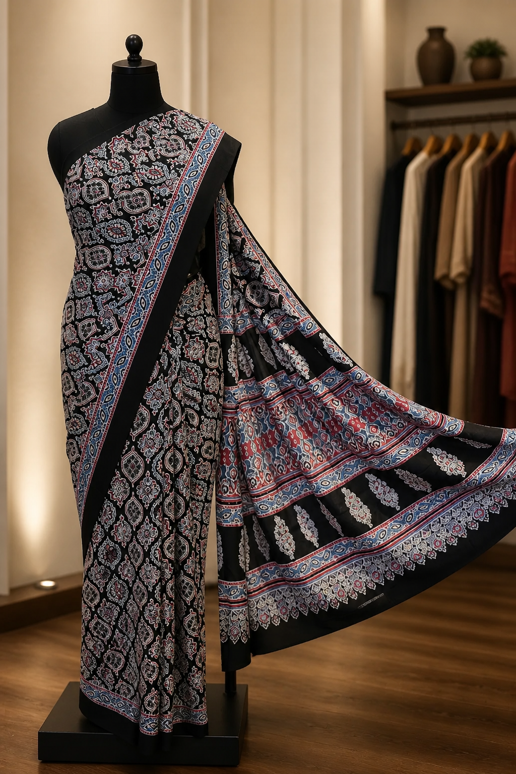 Black Ajrakh Print Semi Modal Silk Saree