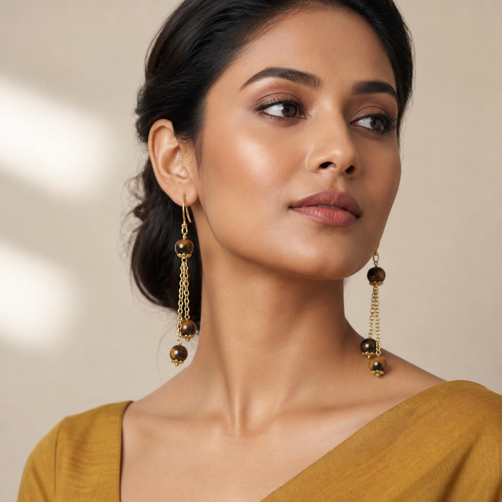 Tiger's Eye Double Stone Chain Drop Earrings