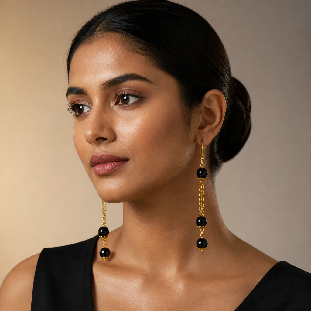 Black Onyx Triple Bead Gold Chain Drop Earrings