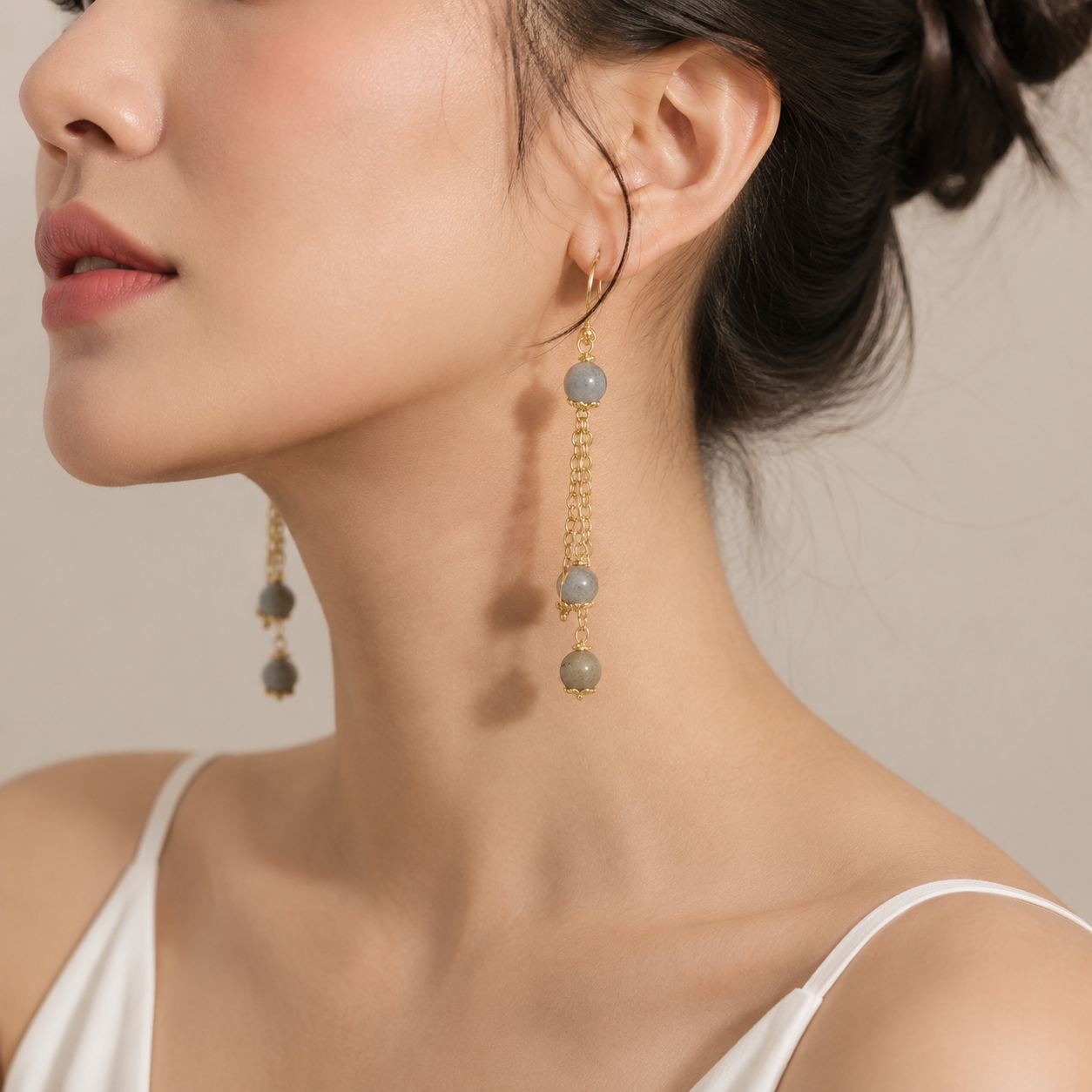 Triple Labradorite Bead Gold Chain Drop Earrings