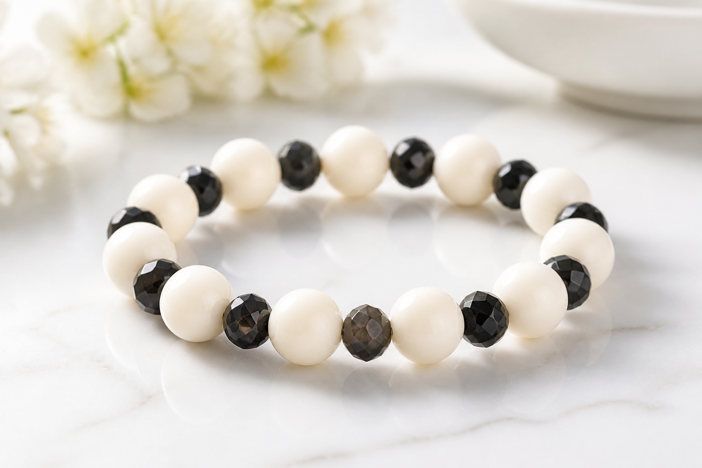 Elegant White Agate & Black Gemstone Beaded Bracelet