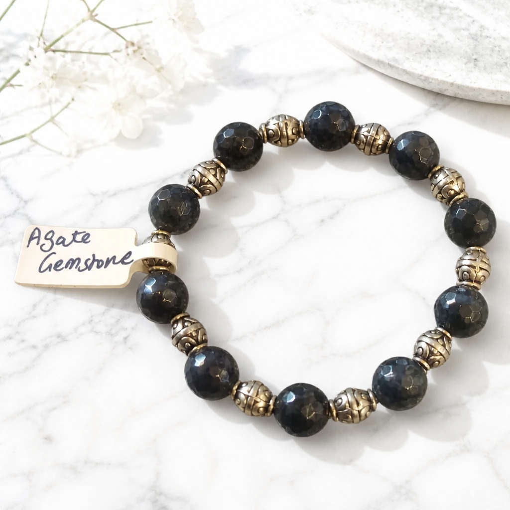 Grey Agate & Metallic Accent Bracelet