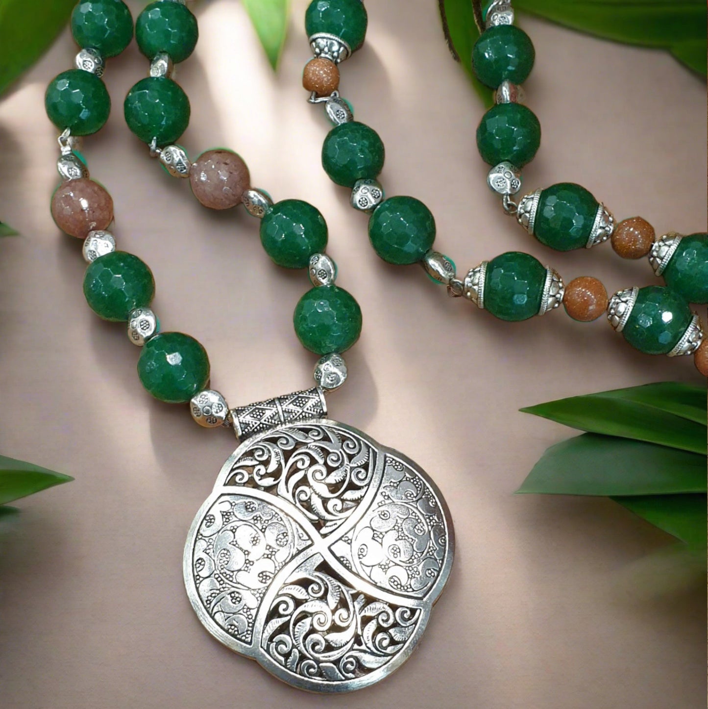 Long Natural 3 in 1 Gemstone (Jade Quartz, Agate & Sandstone) Necklace with Pendant