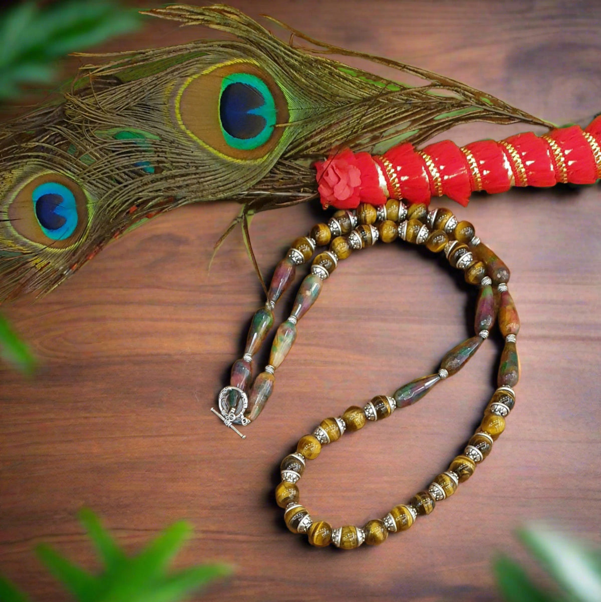 Long Natural Tiger Eye and Onyx Gemstone Necklace with Bead Caps