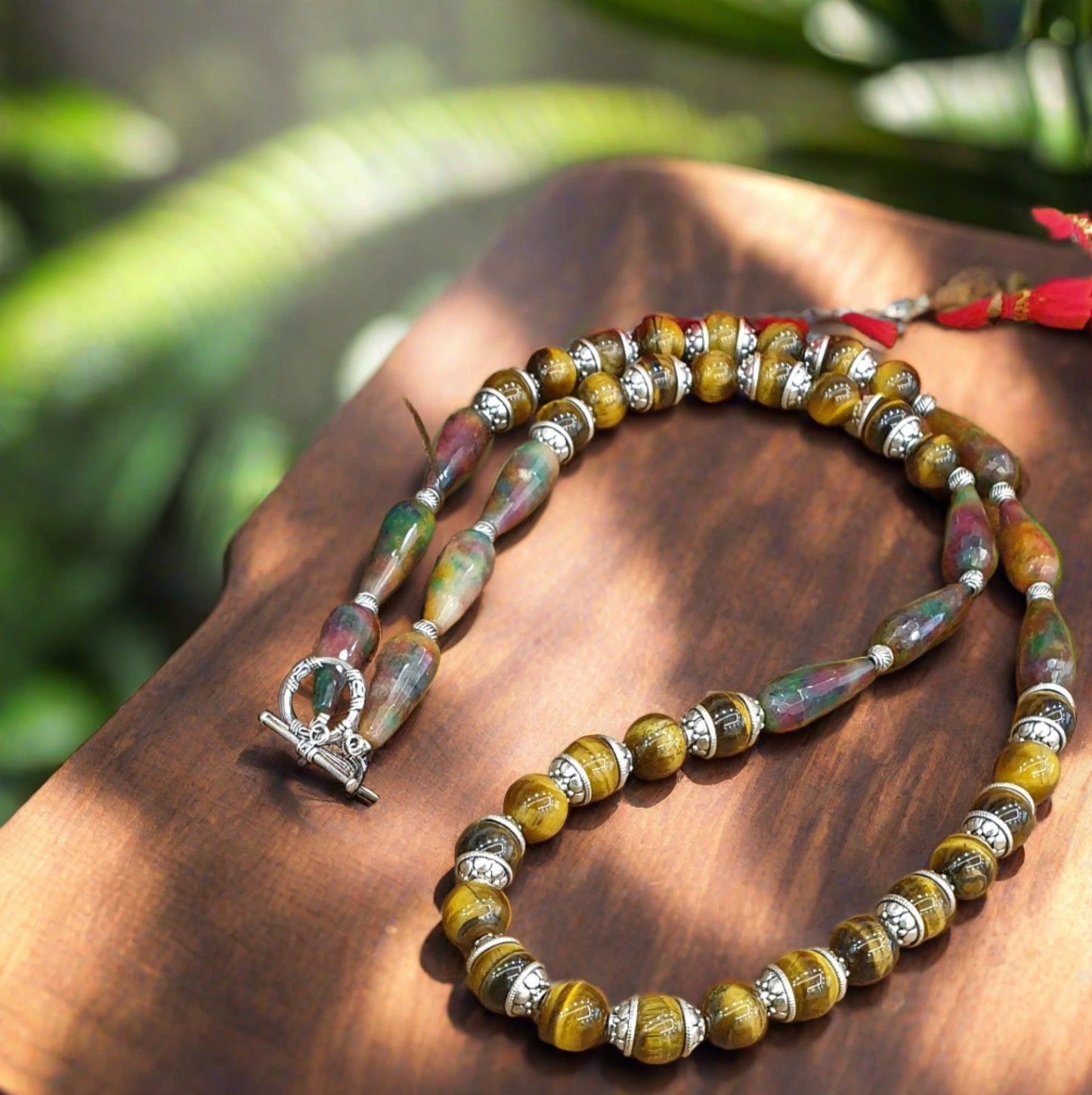 Long Natural Tiger Eye and Onyx Gemstone Necklace with Bead Caps
