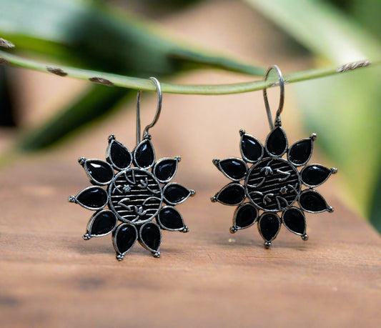 Onyx Obsidian Gemstone Earrings (Floral Design)