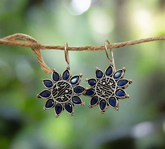 Blue Sapphire Gemstone Earrings (Floral Design)