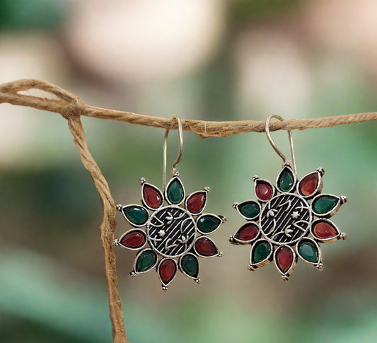 Ruby and Emerald Gemstone Earrings (Floral Design)