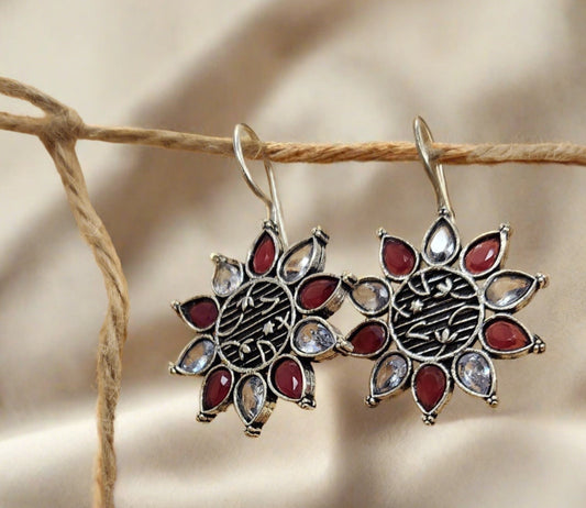 Ruby and Crystal Gemstone Earrings (Floral Design)