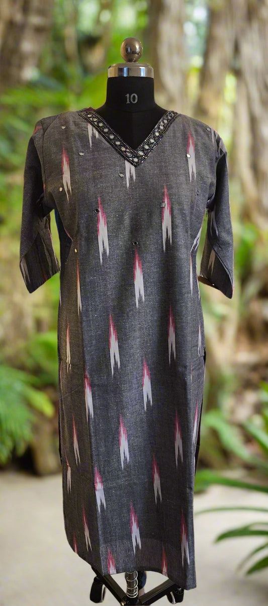 Stylish Grey Ikkat Kurti with Embellished V-Neckline