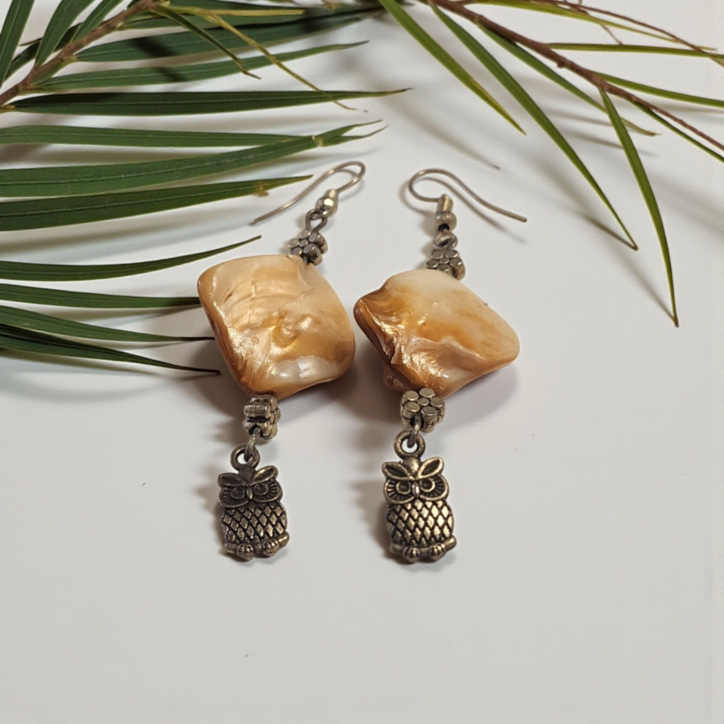 Rustic Shell Pearl Owl Drop Earrings | Boho Luxe