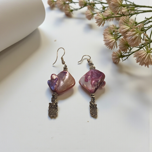 Lavender Shell Pearl Owl Charm Earrings