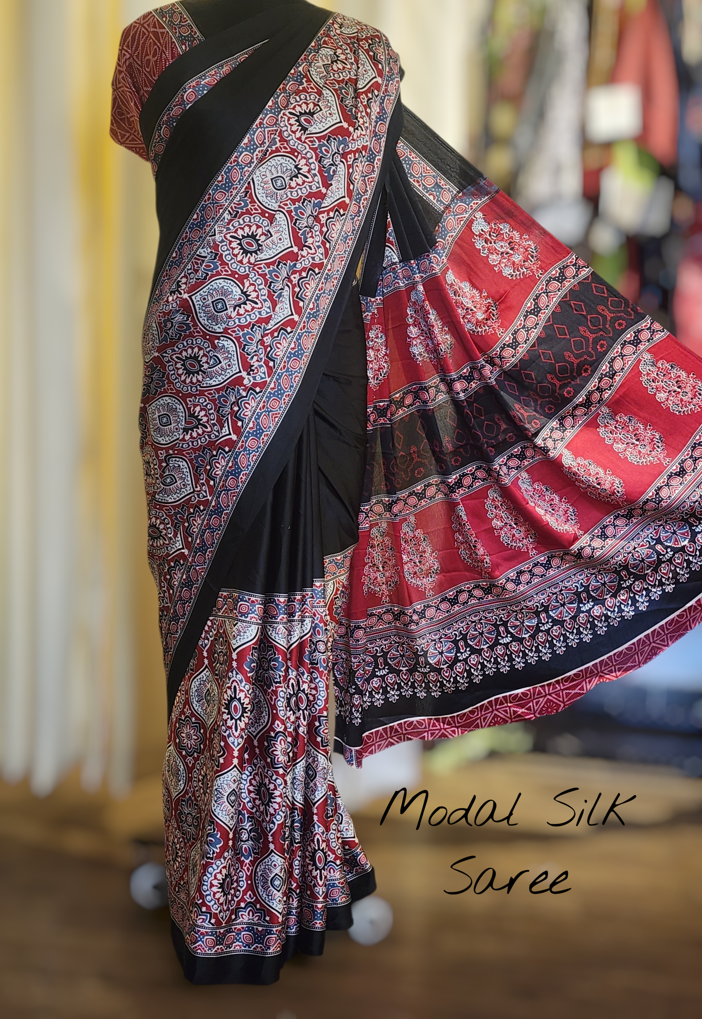 Black Semi Modal Silk Saree with Red Ajrakh Print Border