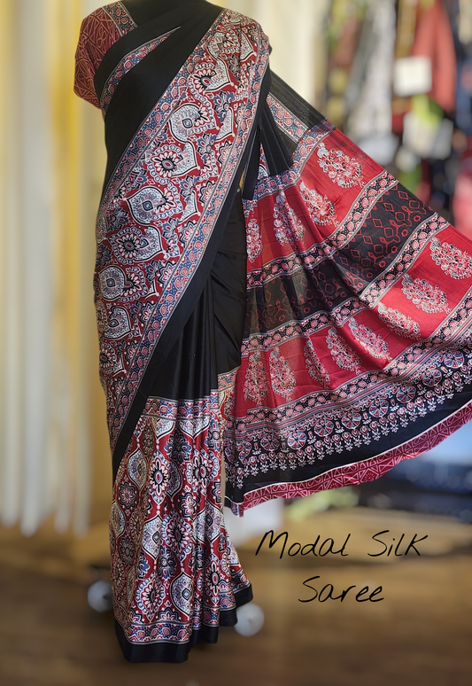 Black Semi Modal Silk Saree with Red Ajrakh Print Border